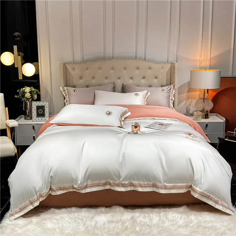 Solid Color Embroidery Quilt/Duvet Cover Bed Sheet Bedspread Pillowcases 4pcs White Bed Set Cotton Bedding Set Home Textile