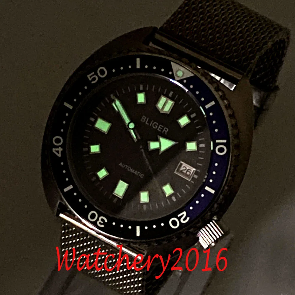 45mm Bliger Green Dial Luminous aluminum Bezel Stainless steel NH35A Date Automatic Mens Watch