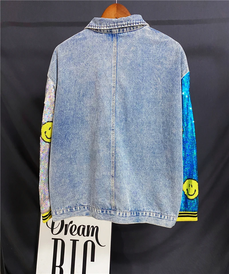 Oversize Denim Jacket Women Sequins Long Sleeve Spliced Coat Cartoon BF Jackets Women Outerwear Coats Loose Street Clothing NZ81