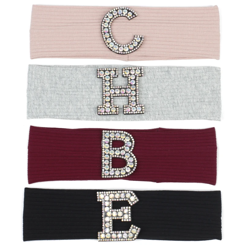 Baby Boy Rhinestone Letter Headband Soft Elastic Girl Cute Headwear Cotton Toddler Fashion Ribbed Pure Color Hair Accessories