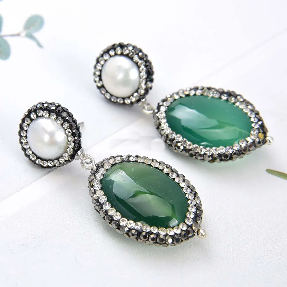 

1 pair Jewelry White Pearl Green Agate CZ Earrings