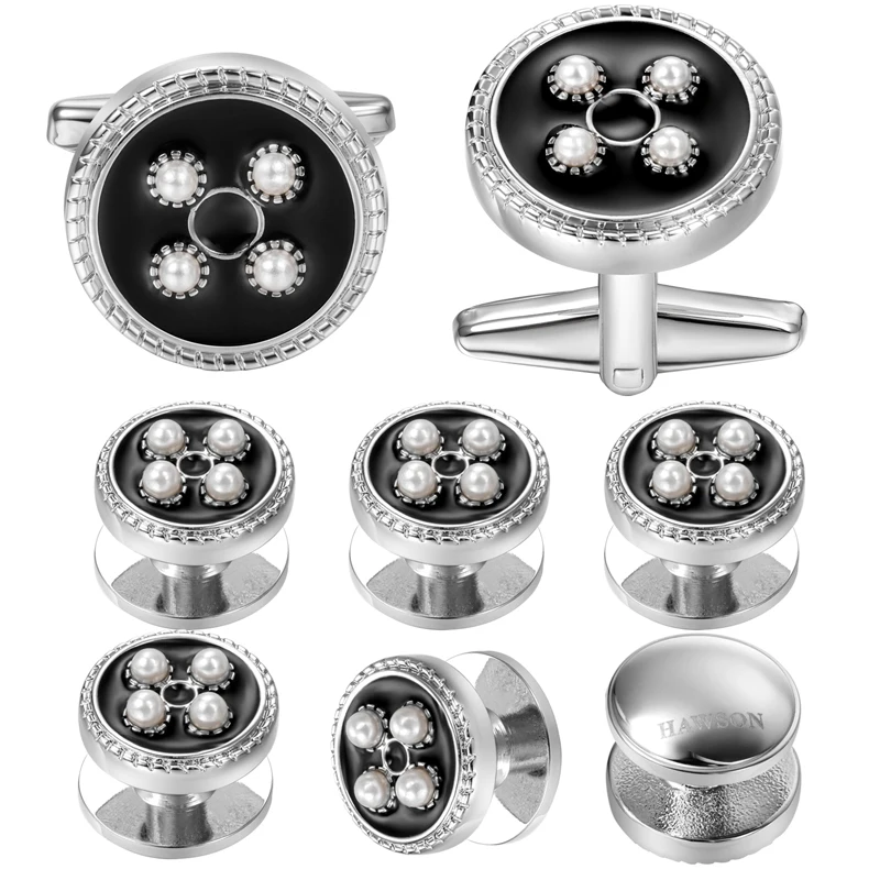 HAWSON Round Cufflinks and Studs for Men Black Enamel&Pearl Cuff Links Set Wedding Gifts Engraved shirt cuffs cufflinks set