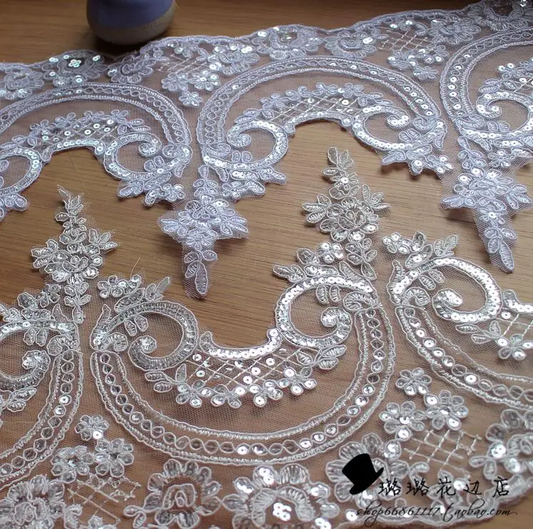 1 Yard Bling White Ivory Red Sequin Cording Fabric Flower Venise Venice Mesh Lace Trim Applique Sewing Craft for Wedding Decor