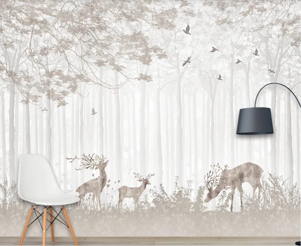 Custom Mural Wallpaper 3D Hand Painted Forest Sika Deer Background Wall