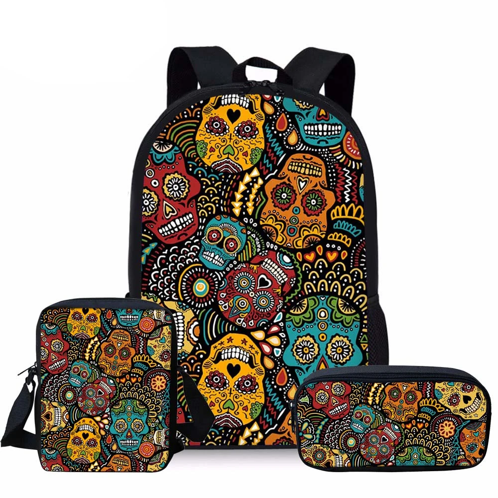 Cute Sugar Skull Printing School Bags for Kids Boys Girls 3pcs School Bag Set Children Backpack Shoulder Bookbag Back To School