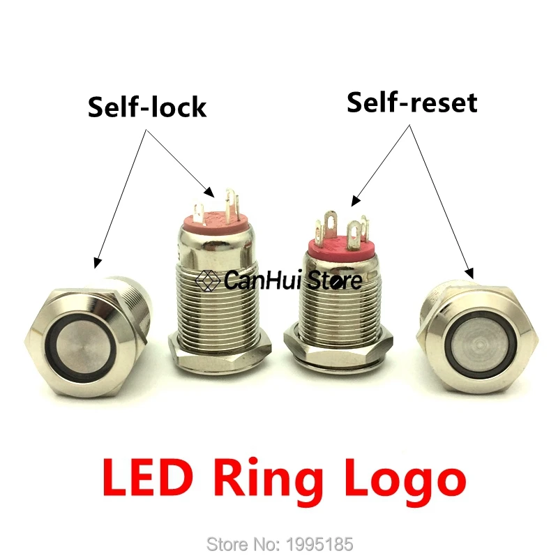 1pc 12mm Metal Push Button Switch Flat Head Ring/Power LOGO 3-6-12-110-220V Self-reset Momentary/locking Waterproof Car Auto Eng