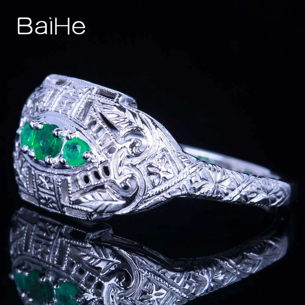 BAIHE Real Solid 14K White Gold Treated Emerald rings for women men Vintage Engagement Fine Jewelry Making anillos mujer bague