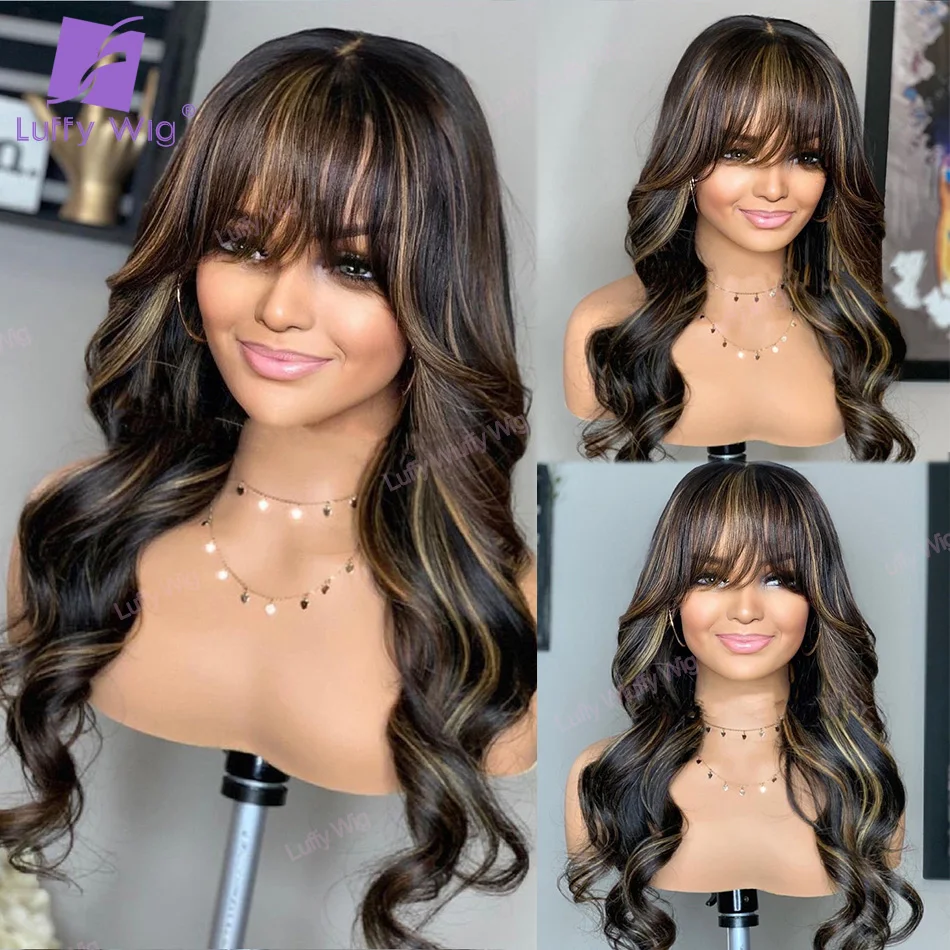 

200 Density Highlight Human Hair Wig With Bangs Glueless Brazilian Remy Body Wave O Scalp Top Bang Wig For Black Women LUFFY