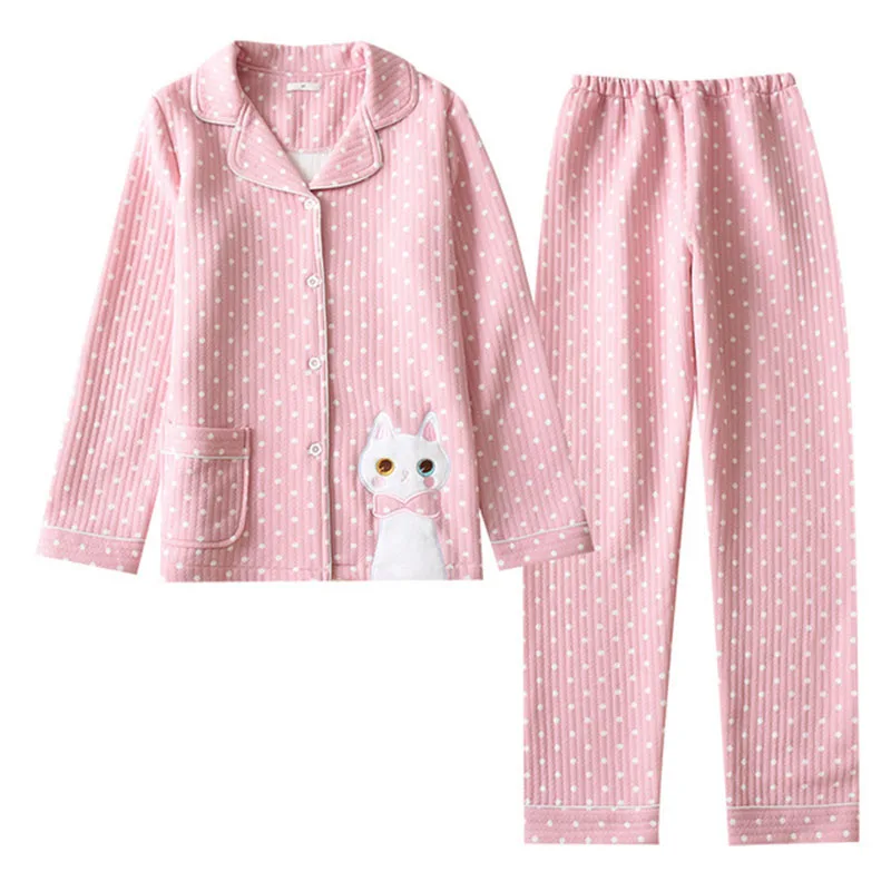 2024 Winter 100%Cotton Pajamas For Women Thick Warm Home Clothes Suit Kawaii Cat Embroidery Homewear Female Lounge Wear Autumn