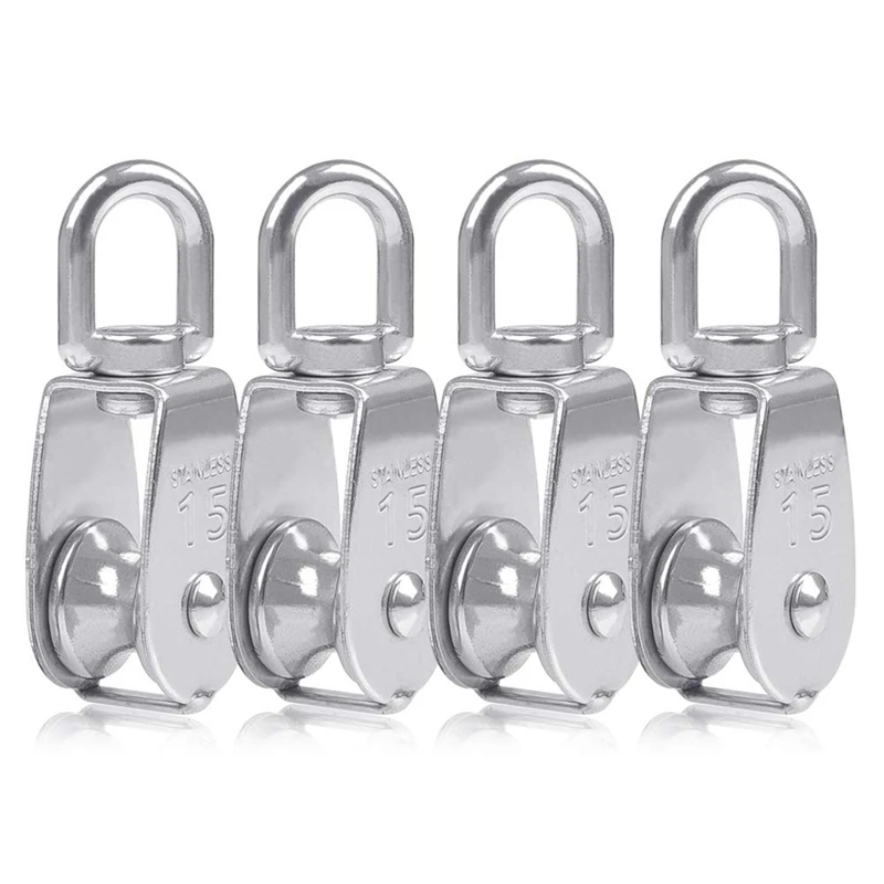 4PCS Single Pulley Block M15 Stainless Steel Small Pulley Roller For Rope Cord in Outdoor 360 Degrees Swivel Silver Pulley House