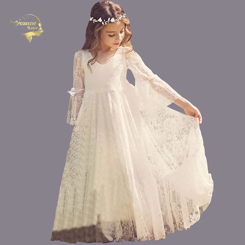 knee length dresses for ladies Long Princess Tulle Boho Flower Girl Dresses with Sleeves