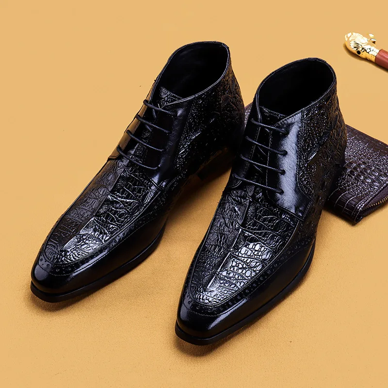 Men Genuine Cow Leather Crocodile Winter Texture Ankle Chelsea Boots Brogue Flat Lace Up Dress Shoes 2020