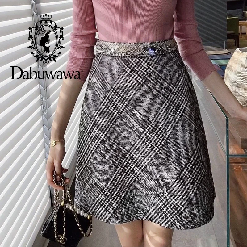 Dabuwawa Autumn Vintage A-Line Plaid Skirts Women Winter Skirt Diamond High Waist Zipper Skirt Ladies Spring DO1DSK002