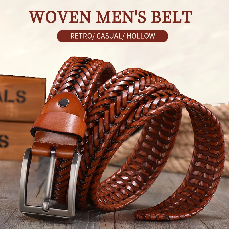 Hot Sale Fashion Men's Leather Men's Dress Belt Brown Woven Braided Brass Buckle Casual Belt Waist Strap Male