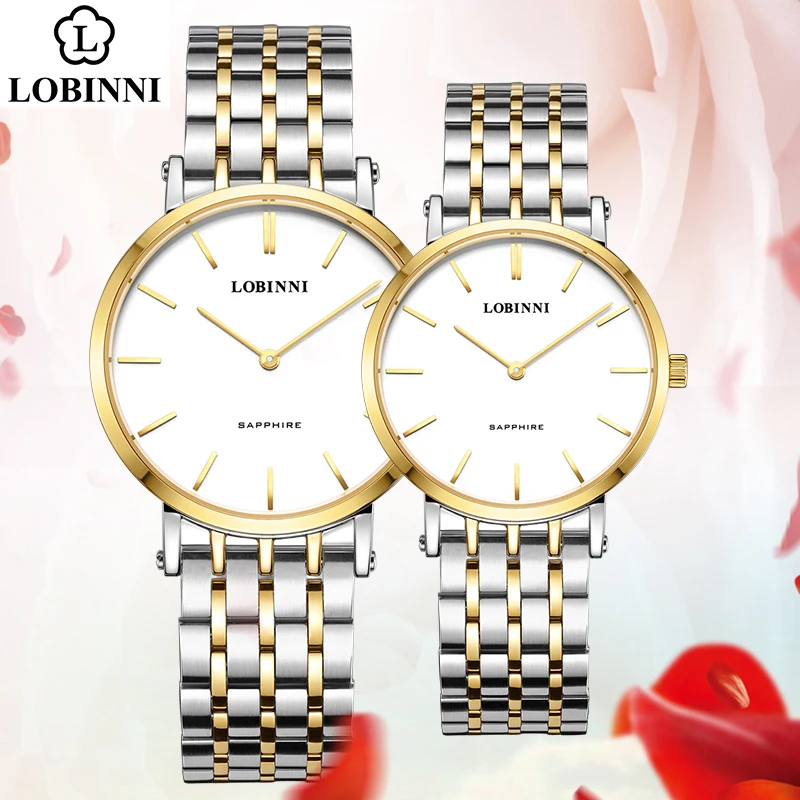 LOBINNI, relojes de pareja de marca de lujo, par de relojes de cuarzo japoneses para hombres y mujeres, reloj resistente al agua con cristal de zafiro de acero inoxidable