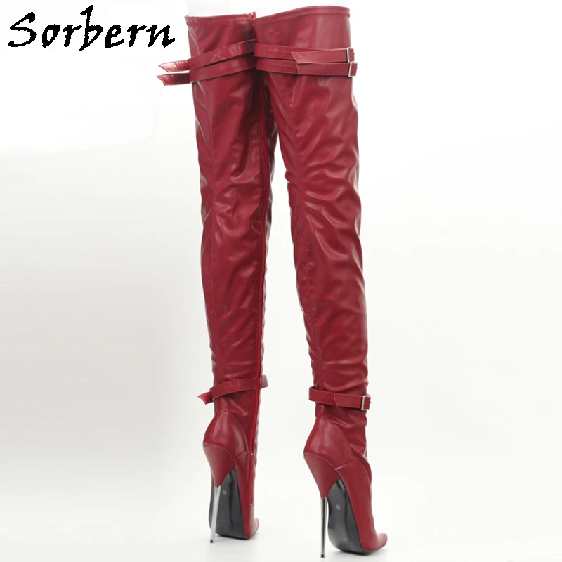 Sorbern Burgundy Matt Crotch Thigh High Boots Women Long Metal Heels Ballet Stilettos Double Straps Pointed Toe Custom Slim Fit