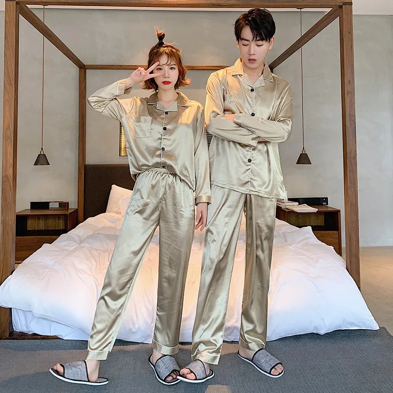 

Lovers Couples Spring Summer Autumn Men Satin Silk Pyjamas Sets of T-shirt & Shorts Male Pijama Sleepwear Leisure Home Clothing