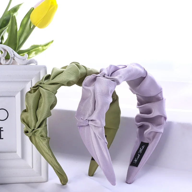 女性用のしわのあるヘッドバンド,ヘアアクセサリー,無地,キャンディーカラー,つばの広い結び目,洗顔用,女の子用ヘッドバンド