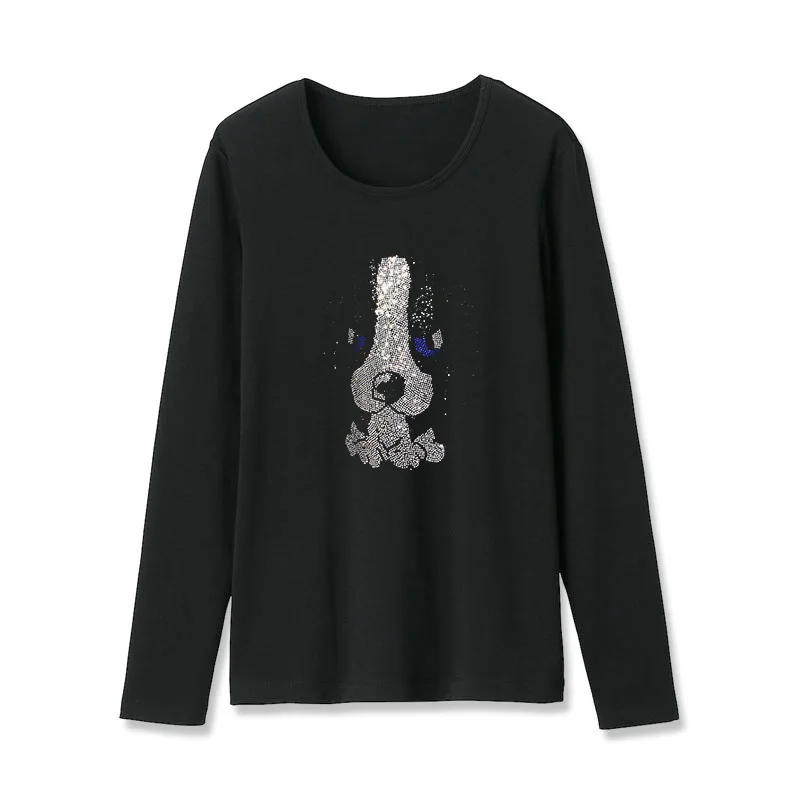 

Spring and Autumn 2022 New Fashion Korean Style Long sleeve T-shirt women Cartoon dog Hot diamonds Loose Casual tops female