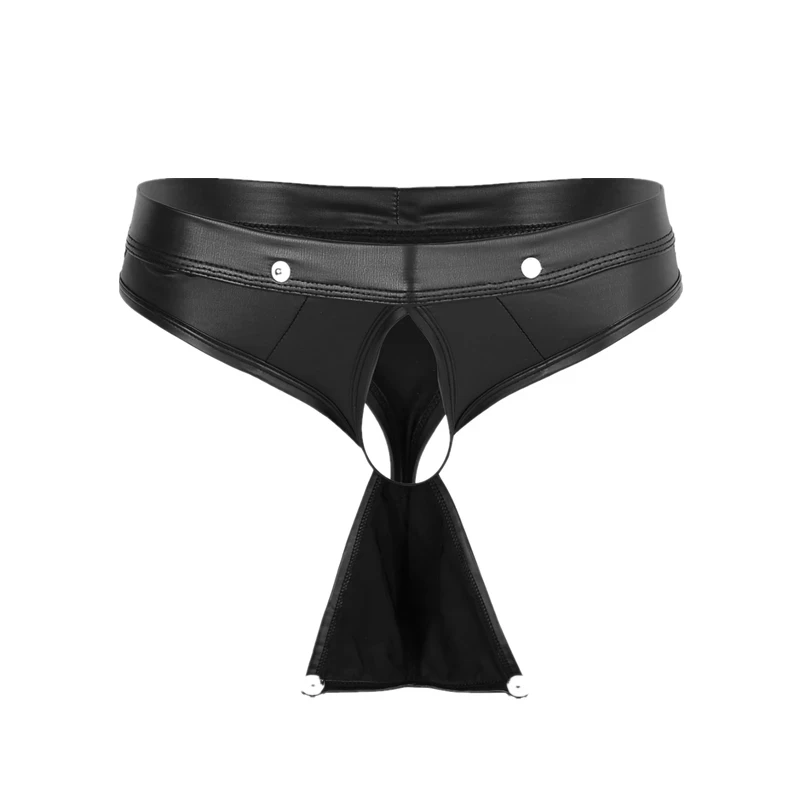 Mens Sexy Leather Lingerie Open Crotch Short Pants For Sex Soft Latex Fetish Brief Crotchless Leather Underwear Bulge Pouch Sexi