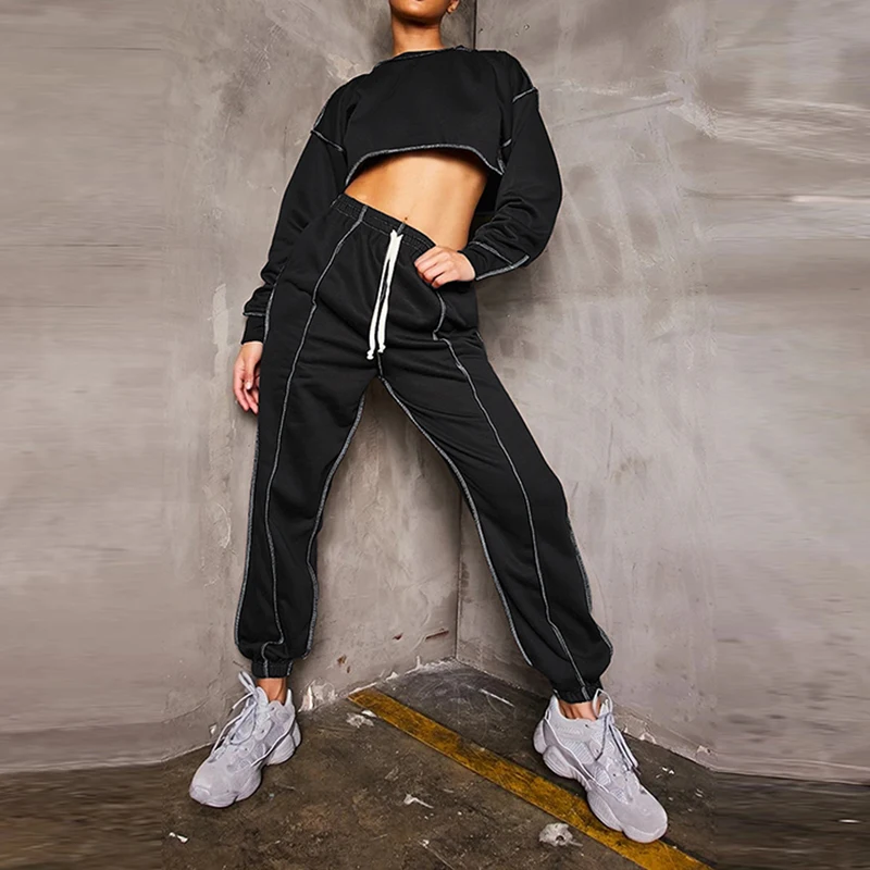 

Женский однотонный спортивный костюм, комплект из двух предметов, короткая футболка с длинным рукавом и круглым вырезом и брюки на шнуровке, Осень-зима 2024