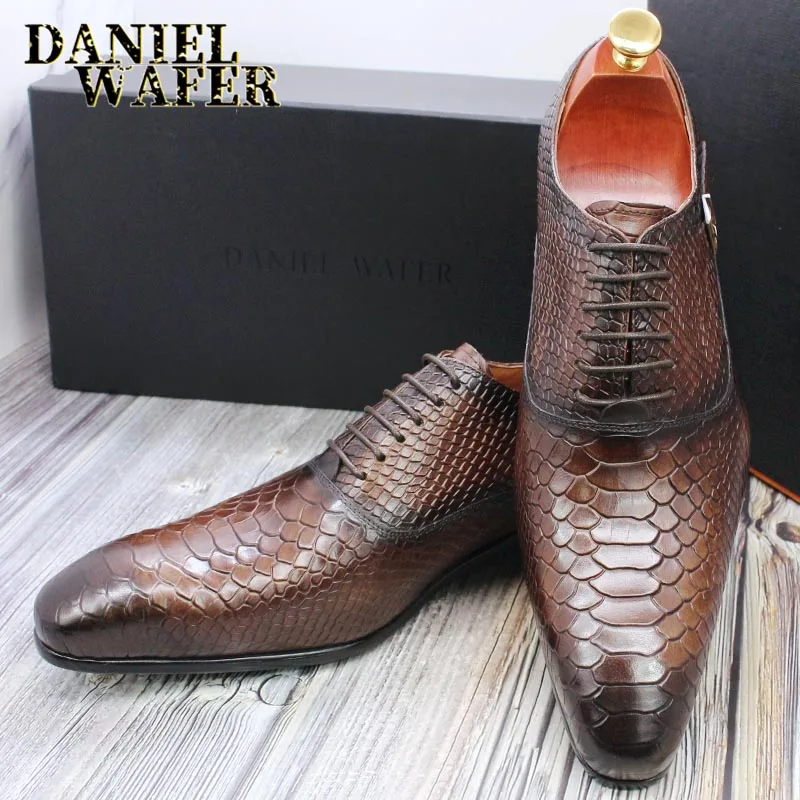 Modische Herren-Lederschuhe mit Schlangenhaut-Aufdruck, klassische Schnürung, Oxford, formell in Wein, Blau, Kaffee, Schwarz – spitze Zehenpartie – Detail 21