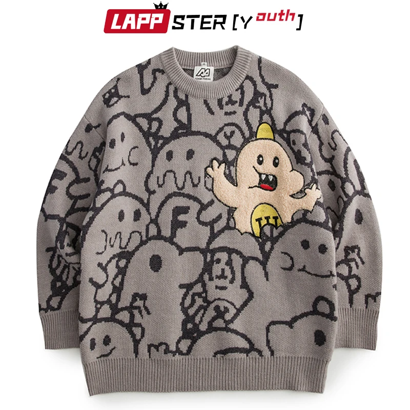 LAPPSTER-Youth Men Cartoon Kawaii Sweaters 2023 Mens Vintage Harajuku Cute Pullovers Man Korean Fashion Streetwear Knit Sweater