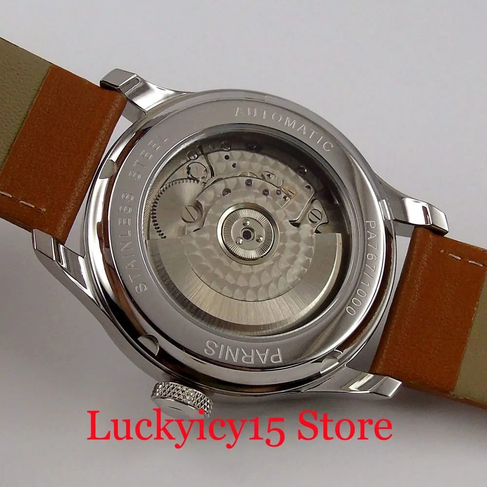 PARNIS New Power Reserve Mechanical 43mm Men Watch Round Leather Band ST Movement