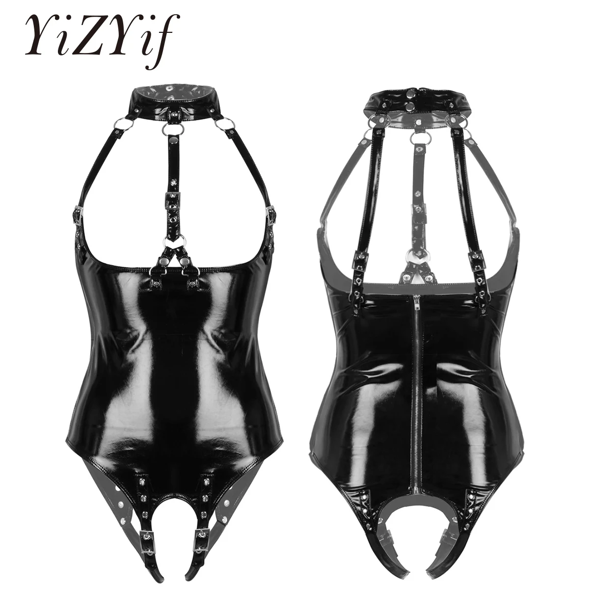 Womens Exotic Bodysuit Open Crotch Latex Costume One-piece Wetlook Patent Leather Lingerie Halter Neck Bare Breast Crotchless