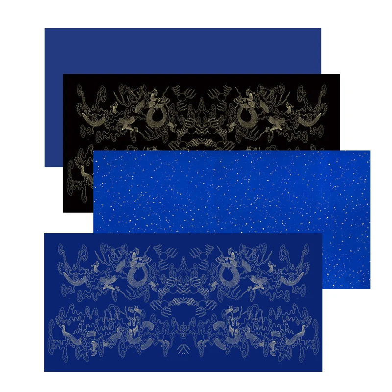 

10 Sheets Dark Blue & Black Xuan Paper Thicken Half-Ripe Rice Paper Brush Writing Paper with Dragon Pattern Four Feet Xuan Paper