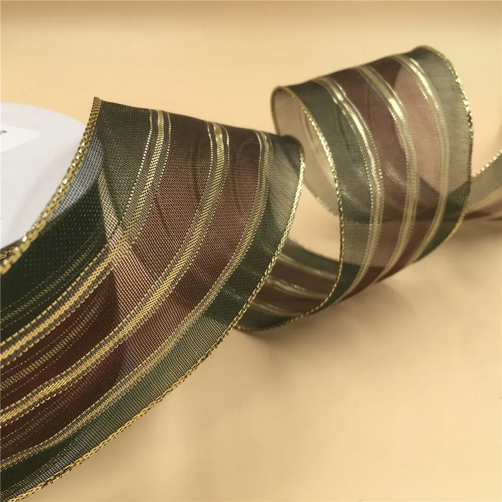 

63MM X 25 Yards Red and Green Organza Stripes WIth Gold Wire Edge Ribbon for Birthday Decoration Gift Wrapping 2-1/2"