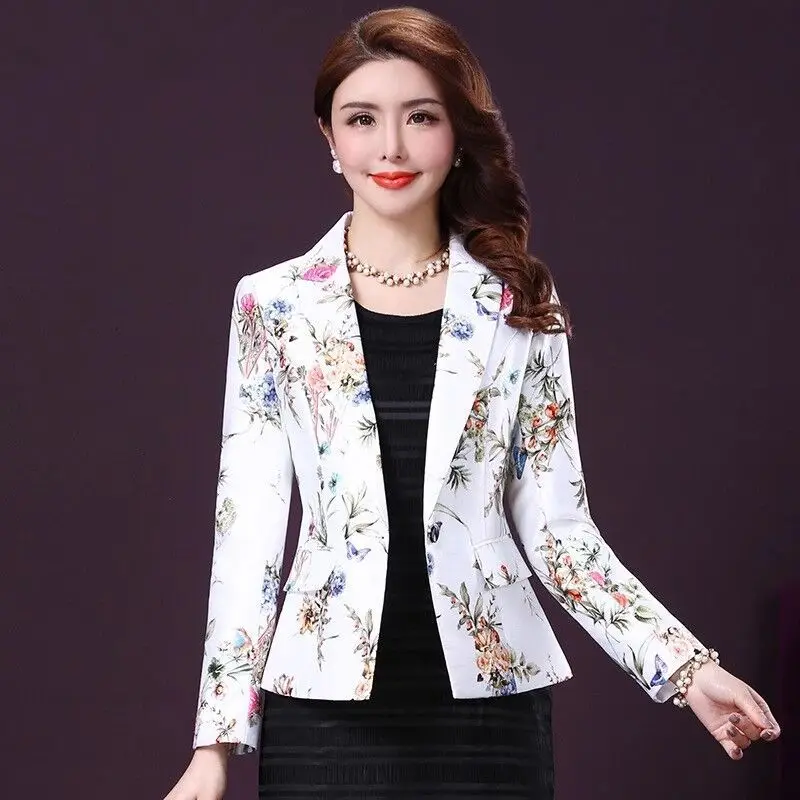 Spring Fall Fashion Women Female Suit Collar One Button Floral Blazer , Woman Clothes 4xl 3xl Slim Flower Pattern Blazers Coat