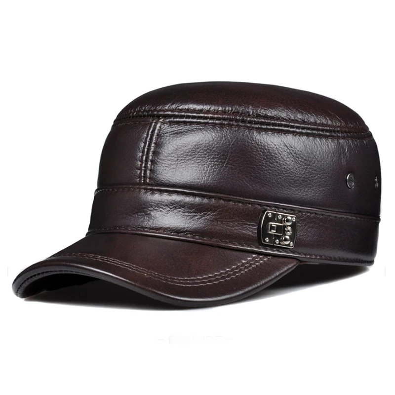 2022 Men Spring/Winter Genuine Leather Black/Brown Flat Baseball Caps Male 54-60 cm Customized Size Outdoor Snapback Golf Hat