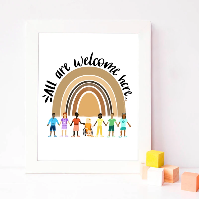 Kids Love Peace Kindness Diversity Print All Are Welcome Here Elementary Class Decor Rainbow Canvas Painting Classroom Artwork