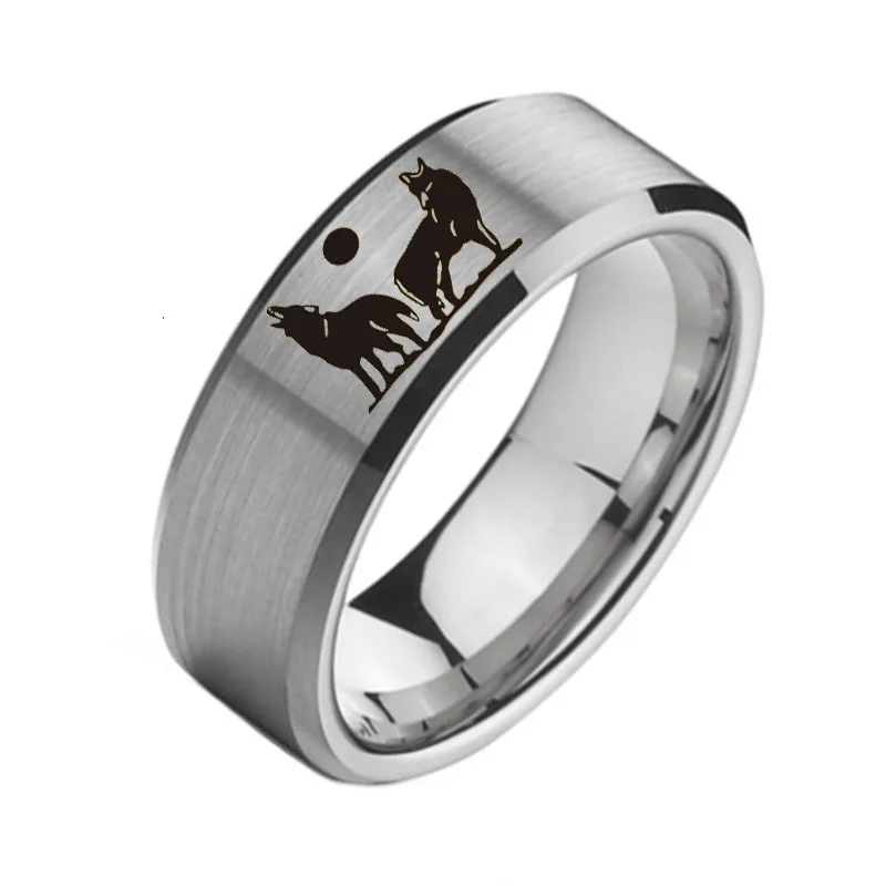 8MM Men's Stainless Steel Gothic Howling To The Moon Wolf Ring Motorcycle Party Personality Animal Biker Ring Jewelry Gifts