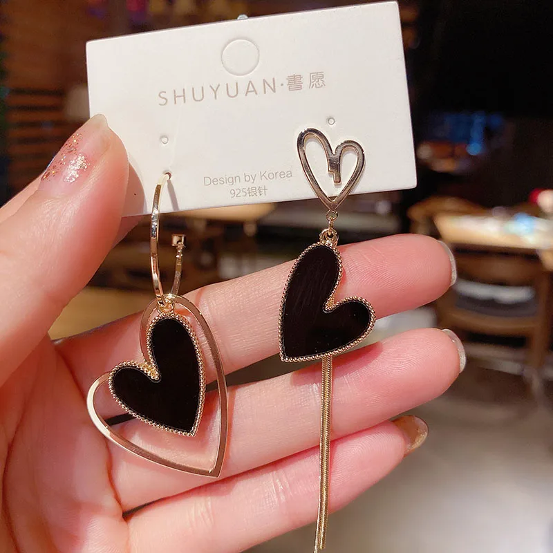 Korean Asymmetric Hollow Black Heart Dangle Earrings For Women Temperament Exaggerated Drop Earrings Party Jewelry