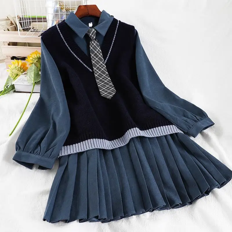 Traje de estilo universitario Kawaii para mujer, vestido plisado suelto que combina con todo, + corbata Chaleco de punto, 3 piezas, primavera y otoño