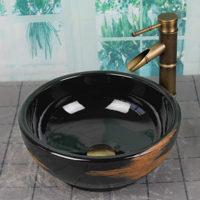 

Bathroom Round Ceramic Vessel Sink Vanity Artistic Basin with Pop up Drain Combo AB256