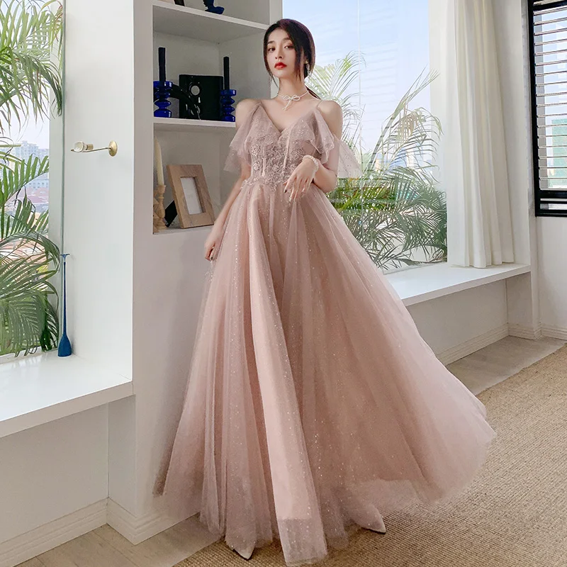 Robe de soiree Pink lace up with Appliques Flowers long Elegant Evening Dress Formal Bride Wedding Banquet Fall Prom Party Dress