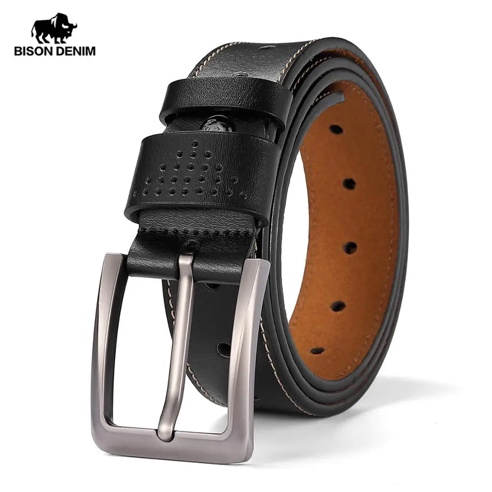 BISON DENIM Classic Genuine Leather Men Belt Alloy Pin Buckle Luxury Cow Leather Strap Belt for Men with Hole Punch W71586