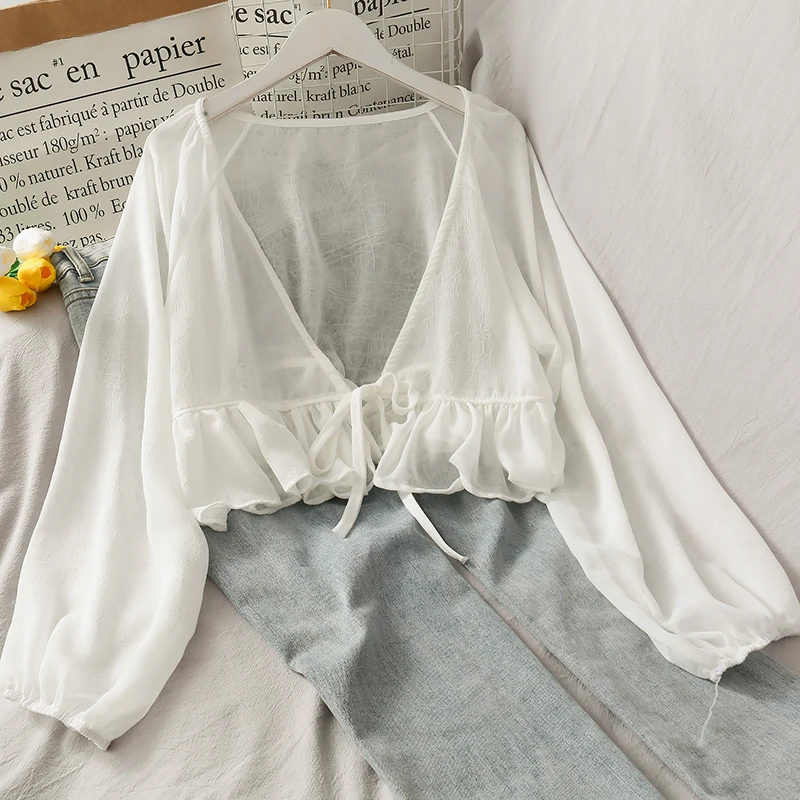 Pearl Diary Women Draped Chiffon Blouse Blouson Sleeve Front Tie Waist Beach Cover Up Top Frill Hem Solid Textured Chiffon Top