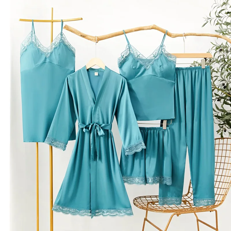 

Sexy Lace 5PCS Sleepwear Women Satin Pajamas Set Femme V-neck Robe Suit Casual Kimono Gown Full Slip Pijamas Suit Loungewear