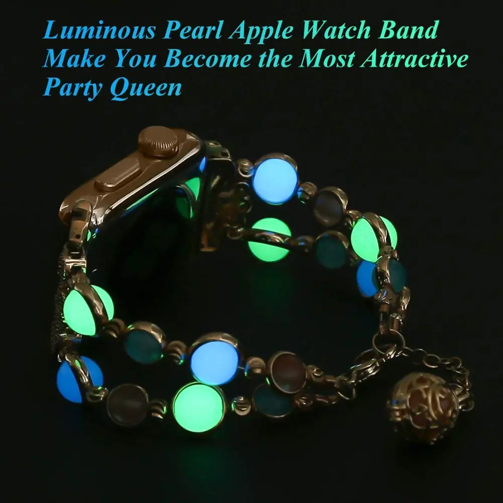 Pulseira de pérola luminosa noturna para Apple Watch, pulseira para mulher, iWatch Band, série 3, 4, 5, SE, 6, 40mm, 44mm, 38mm, 42mm