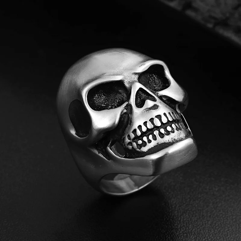 Valily Vintage Men\'s Stainless Steel Skull Rings Silver-Color Gothic Biker Jewelry Big Motorcycle for Man