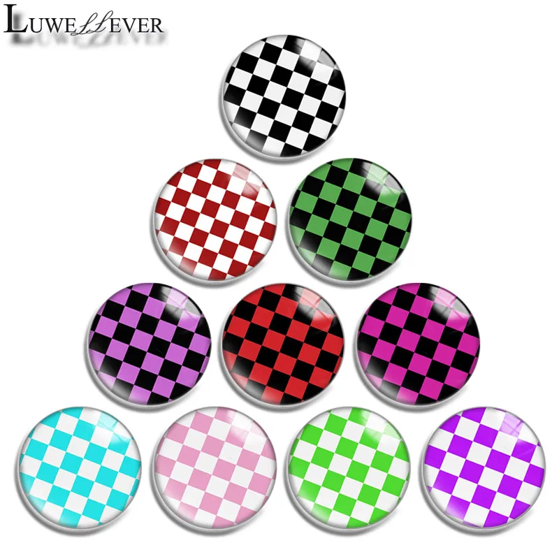 12mm 14mm 16mm 20mm 25mm 30mm 604 Checkered Pattern Mix Round Glass Cabochon Jewelry Finding 18mm Snap Button Charm Bracelet