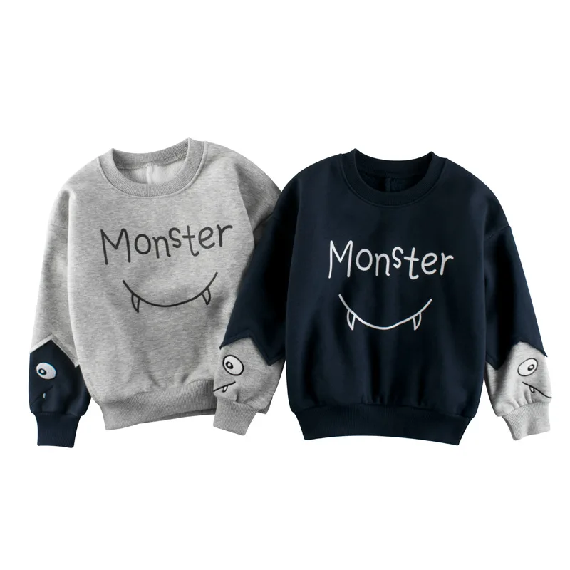 Kids Pullover Sweatshirt Little Boys Girls Fleece Lined Long Sleeve Tops Monster Print Round Neck Warm Winter Autumn Outerwear