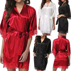 Satin Silk Kimono Robes Women Plus Size Bride Sleepwear Summer Sexy Lace Bridesmaid Pajamas Bathrobe Nightgown Wedding Spa Dress