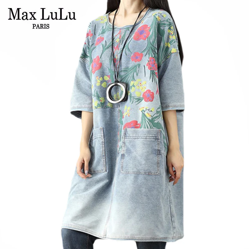 Max LuLu European Style Dresses Spring Ladies Floral Denim Dress Womens Embroidery Loose Vestidos Female Vintage Printed Clothes