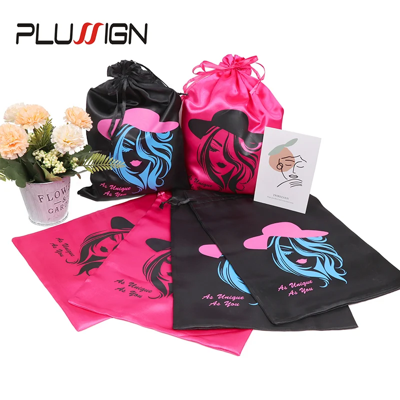 Plussign Satin Taschen zum Verpacken von Haaren 10*14 Zoll für lange Haar verlängerung Perücken Satin Kordel zug Tasche 1 Stück 2 Stück 3 Stück schwarz rosa