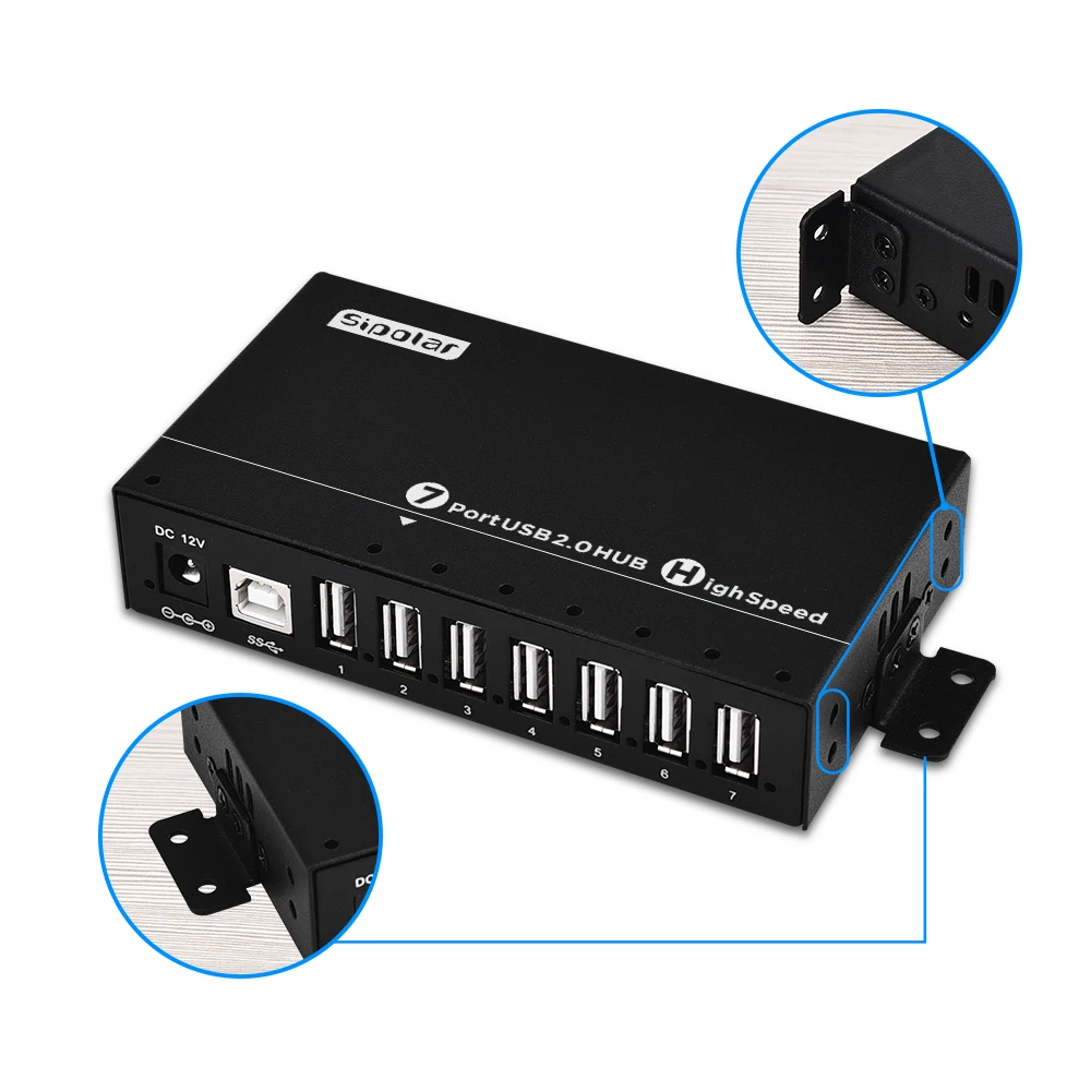 

Sipolar A-172 New USB 2.0 HUB design With 36W 12V3A Power Adapter Aluminum 7 Port USB charger port hub Black